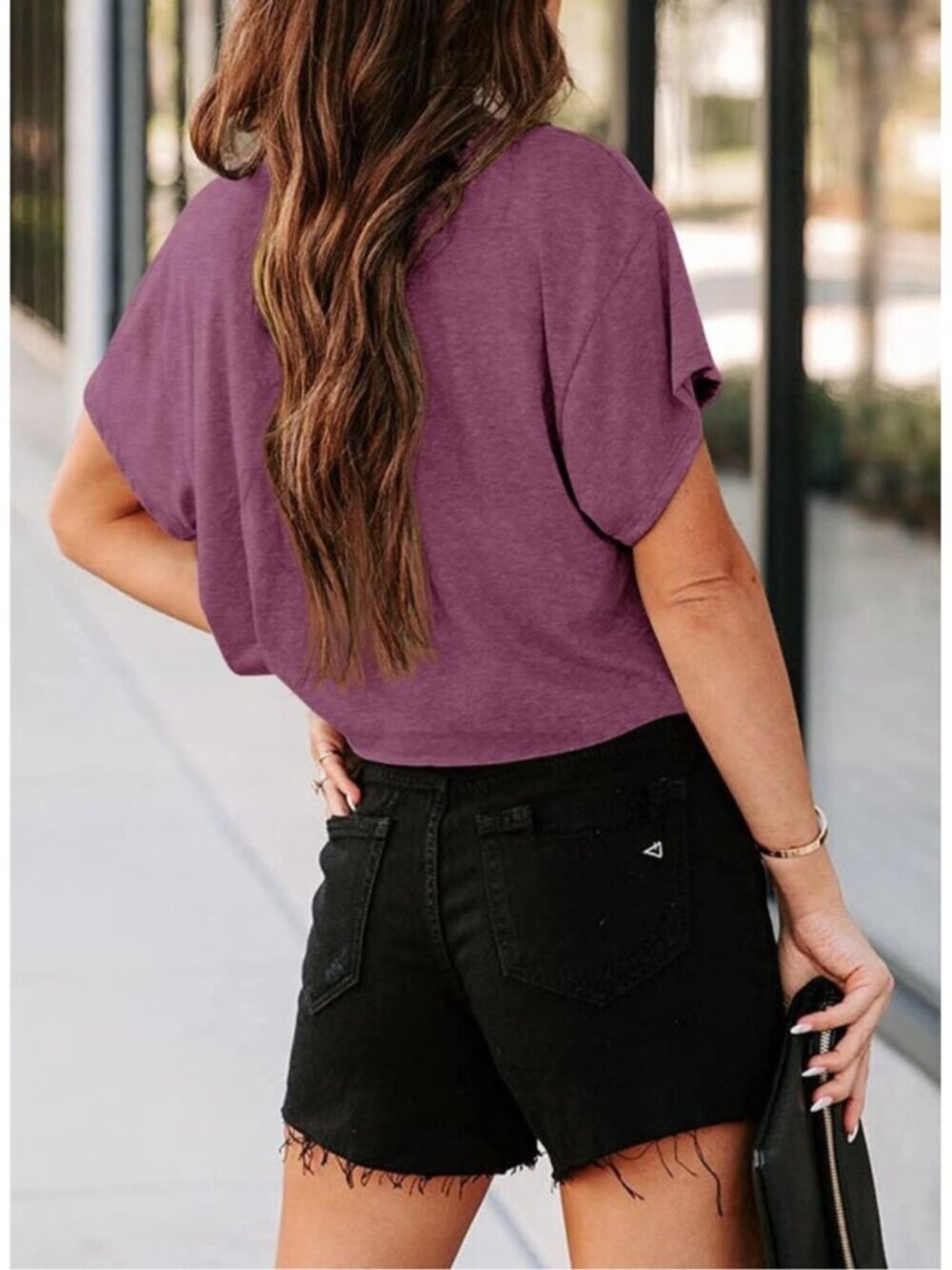 Women's Purple Red Short Sleeve Crew Neck Loose Casual Drop Shoulder Crop Tops - Picture 3 of 4